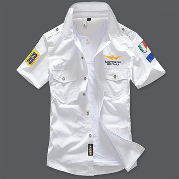 Men White Cotton Short Sleeve Shirt with Embroidered Patches