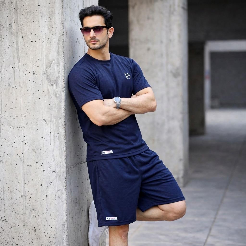 Prime Outfitter Premium NAVY BLUE  Dry-Fit Nikar Shirt Set – Breathable Sports & Casual Wear (T-Shirt + Shorts)