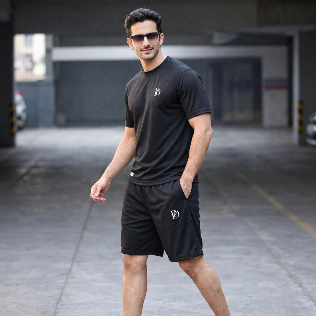 Prime Outfitter Premium BLACK Dry-Fit Nikar Shirt Set – Breathable Sports & Casual Wear (T-Shirt + Shorts)