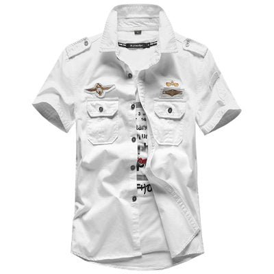 Men White Cotton Short Sleeve Shirt with Embroidered Patches