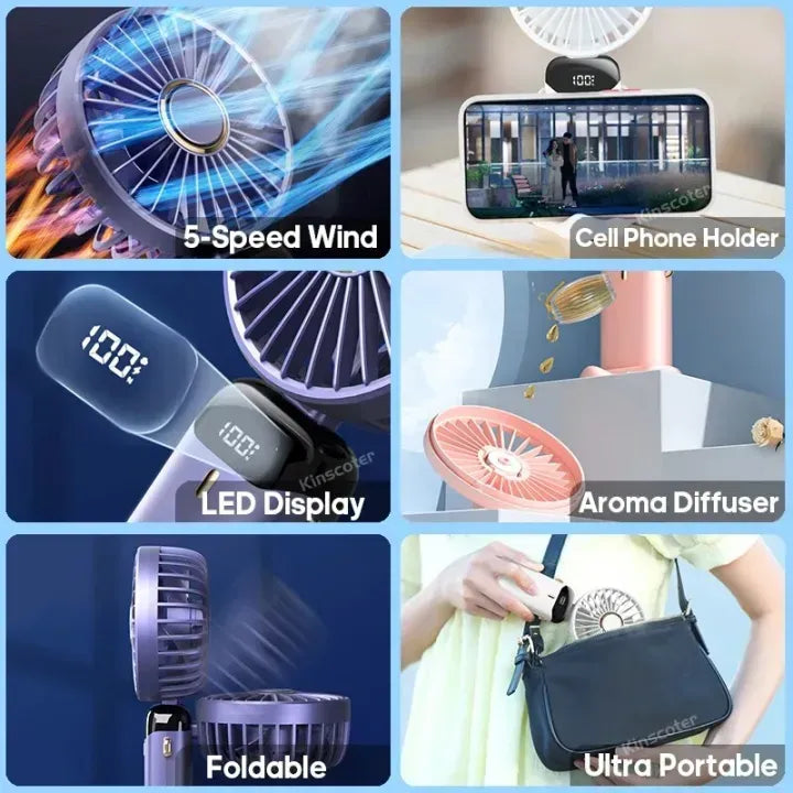 USB Handheld Mini Fan Foldable Portable Neck Hanging Fans 5 Speed Rechargeable Fan with Phone Stand and Display Screen Ratings 414