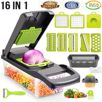 16 in 1 Multi-functional vegetable chopper slicer shredder with Basket Cheese Slicer Food Chopper , Veggie Chopper , Onion Chopper , salad chopper Mandoline slicer & Cheese Grater , 16 in 1 Vegetable Chopper with Container