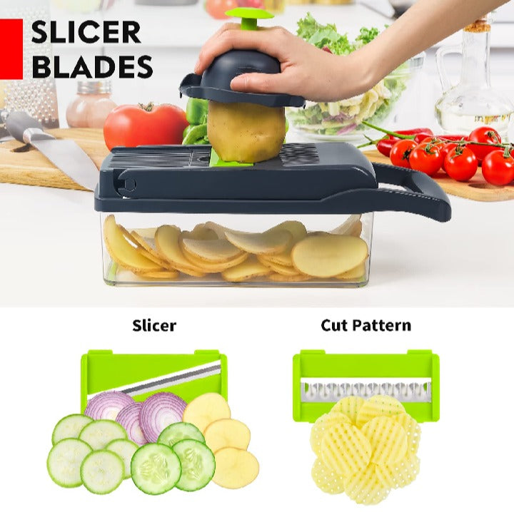 16 in 1 Multi-functional vegetable chopper slicer shredder with Basket Cheese Slicer Food Chopper , Veggie Chopper , Onion Chopper , salad chopper Mandoline slicer & Cheese Grater , 16 in 1 Vegetable Chopper with Container